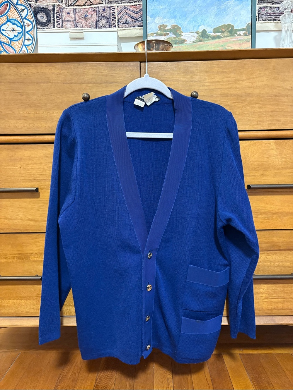 Salvatore Ferragamo Blue V‑Neck Wool Cardigan with Gold Buttons